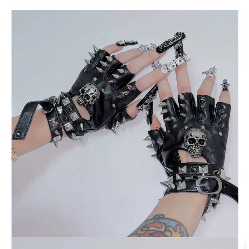 スパイシーガールアビブラック欧米風スケルトンハーフフィンガーpuレザーロックグローブ