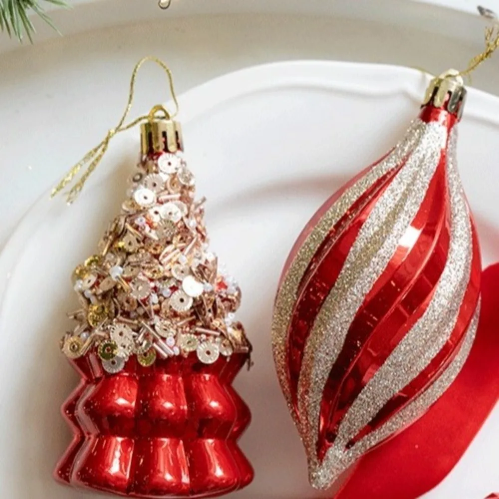 

Red Christmas Tree Pendants Shatterproof Plastic Glitter Little Bear Ornaments DIY Crafts Acorn Christmas Hanging Balls