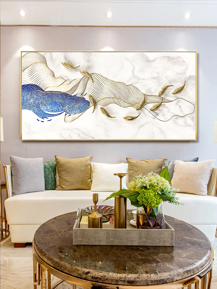 

Pure Hand Drawing Oil Painting Modern Minimalist Decorative Light Luxury Background Striving for Upstream Fish Pattern Hanging