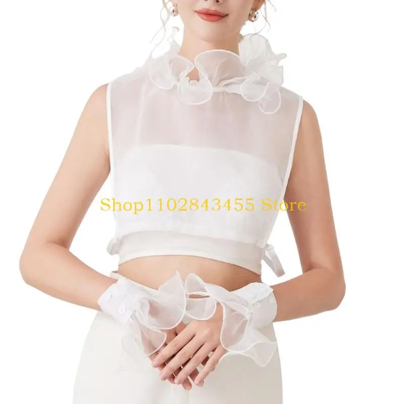 49MC Sheer Ruffled Faux Collar With Elastic Cuffs Sleeves Women Clothing Enhancer