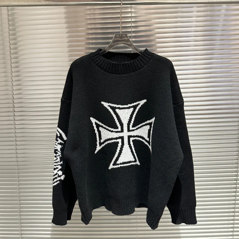 

PROJECT G/R American Iron Cross Sanskrit Loose Crew Neck Knit Sweater Trendy Unisex Couple Sweater