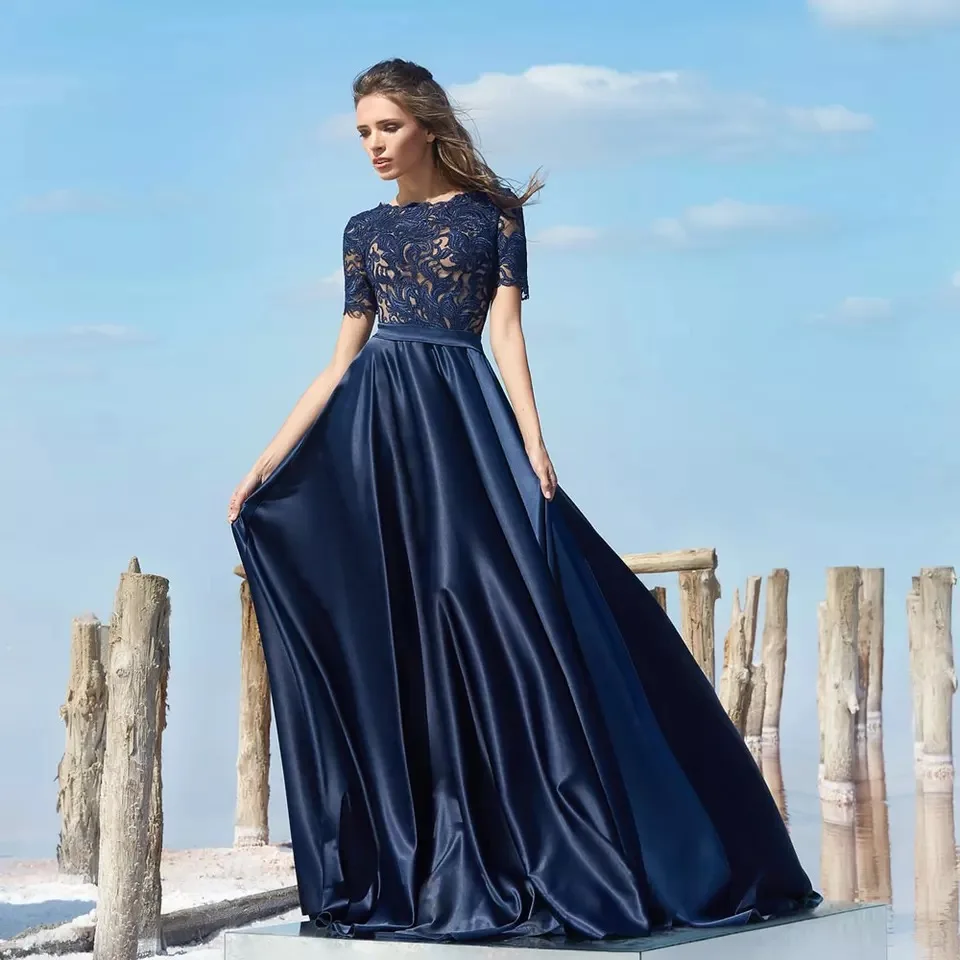 

Navy Blue A-Line Evening Dresses 2022 O-Neck Short Sleeve Lace Appliques Zipper Elegant Party Prom Gown Floor Length Satin
