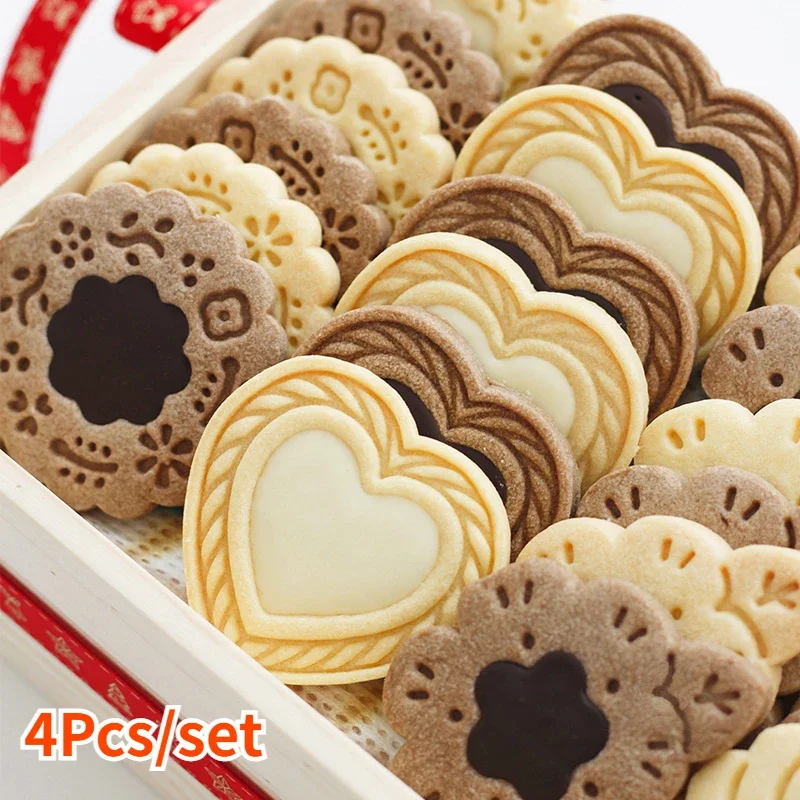 4pcs/set Biscuit Molds Jam Sandwich Flowers Cookie Cutter 3D Biscuit Molds Pressable Fondant Stamp Cake Decor Baking Supplies