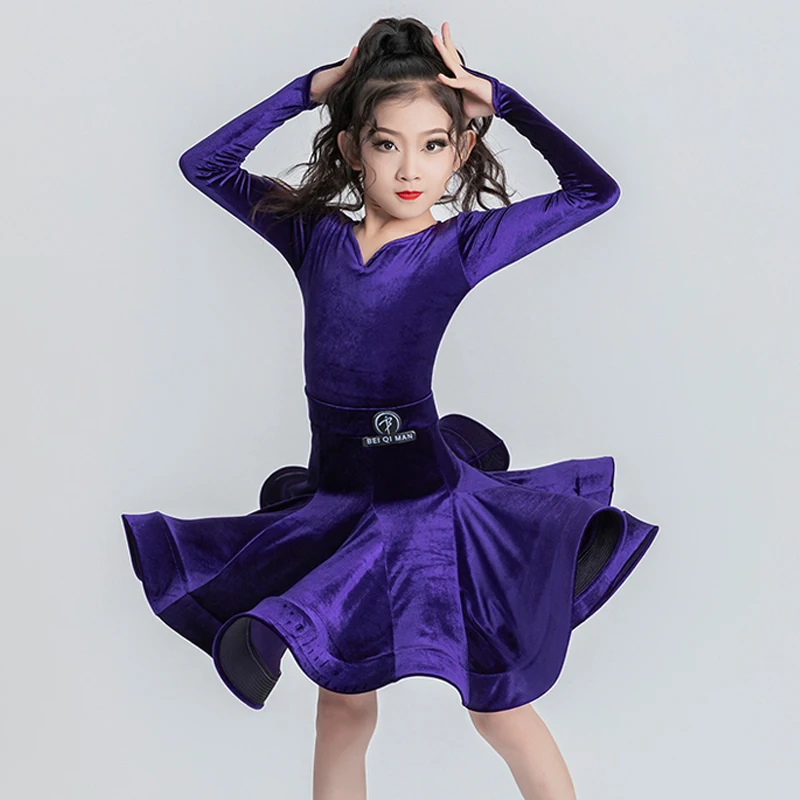 6 Colors National Standard Ballroom Dance Dresses Girls Velvet Latin Dance Performance Costumes Kids Stage Party Dress SL9535