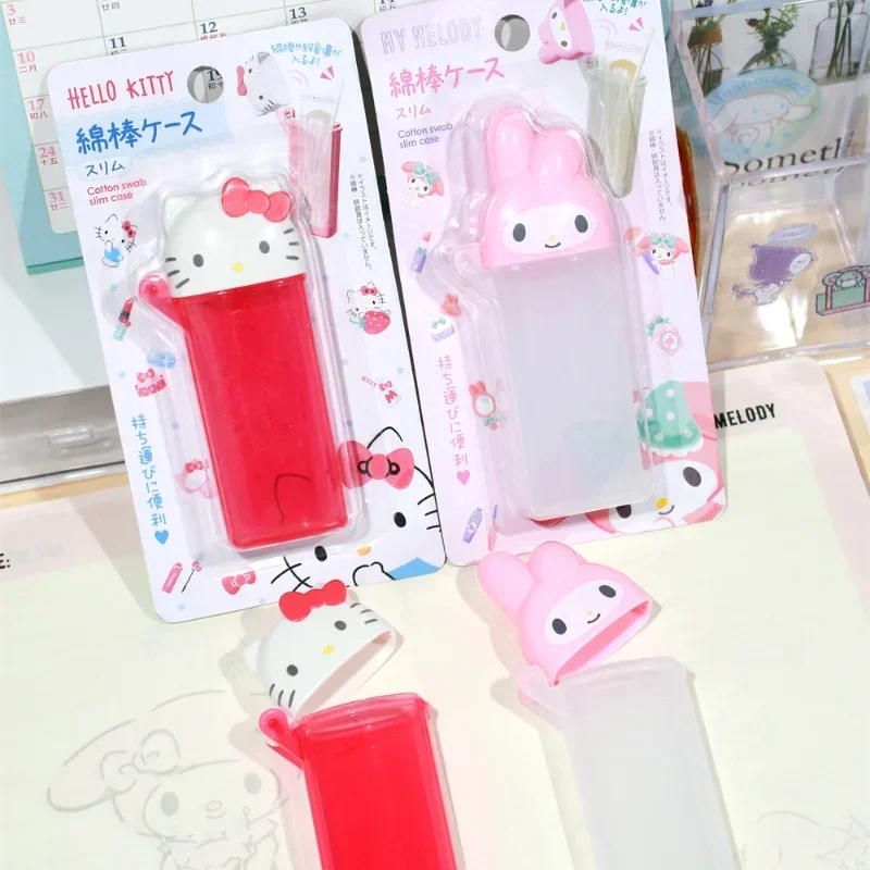 Original Hello Kitty Melody Cotton Swab Box Toothpick Cosmetic Toothpick Storage Box Portable Travel Mini Organizer Girls Gifts