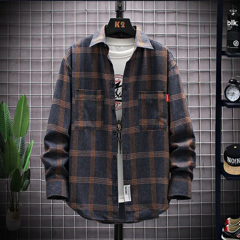 Primavera outono moda tendência coreano simples blusa masculina manga longa camisa xadrez solta casual topo homem todos os jogos streetwear roupas