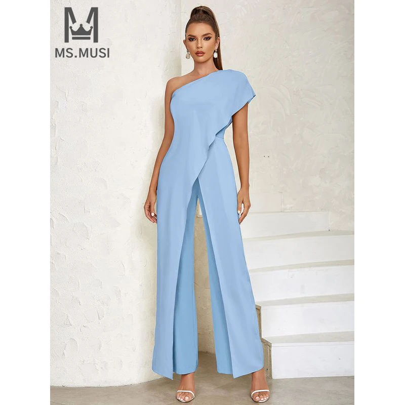 

MSMUSI 2024 New Fashion Women Sexy One Shoulder Ruffles Draped Sleeveless Backless Bodycon Party Club Flare Pant Lady Jumpsuit