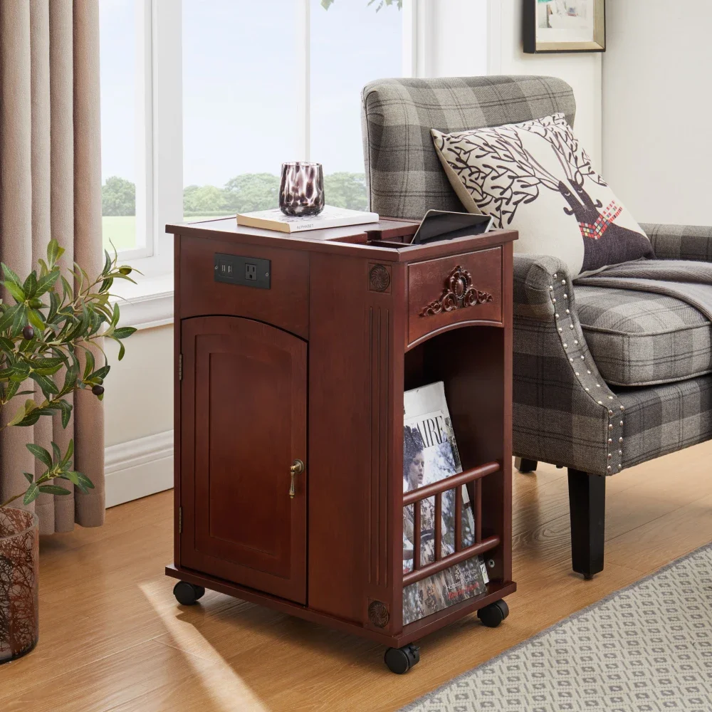 

Powered Traditional End Table with Charging Station, Narrow Side Table with USB Ports and Outlets, Nightstand with Storage