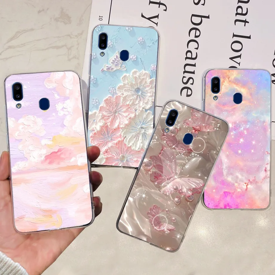 For Samsung Galaxy A20s Samsung A20 A30 Back Cover Phone Case Transparent Soft TPU Silicone Coque Women Fashion Flower Butterfly