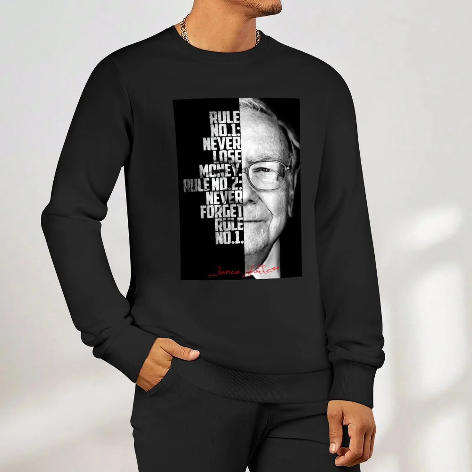 اقتباس رجل الأعمال باللونين الأبيض والأسود من WArren Buffet. البلوز الملابس الذكور أزياء الرجال ملابس رجالية ملابس الخريف الرجال البلوز