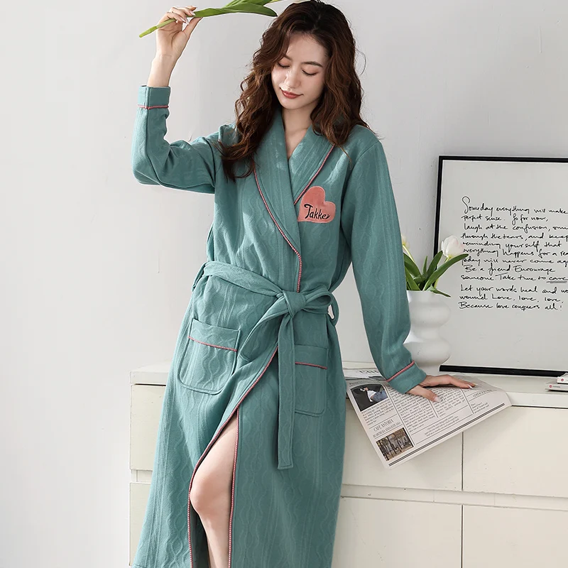 Autumn and Winter Women's New Nightgown with Three Layer Thin Cotton Embossed Double Pocket Design Advanced Women's Morning Robe