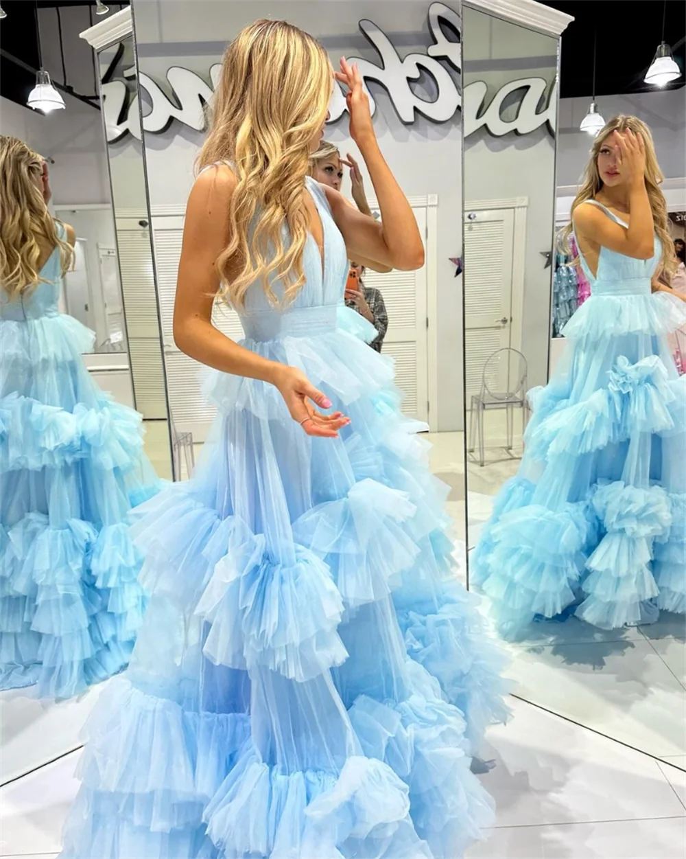 Annie Light Blue Prom Dresses Handmade Tulle Layering Princess Evening Dresses Formal Occasions Wedding Party Dress فساتين سهرة