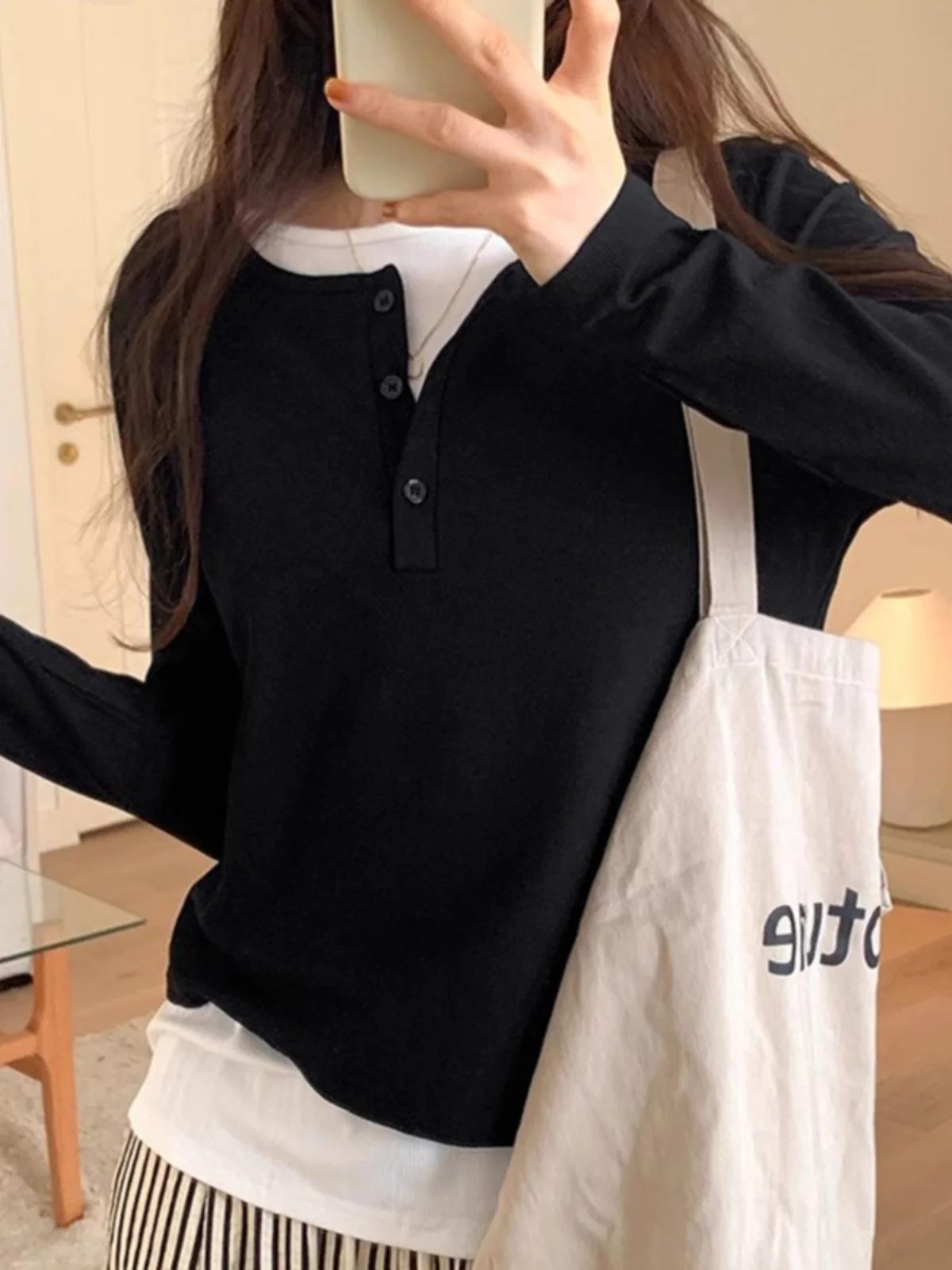 Cseta de Manga Larga de Aodón Puro con Efecto Adeazante, Top Hoado y Moderno para Mujer, Primavera-Otoño, Nueva Lleg...