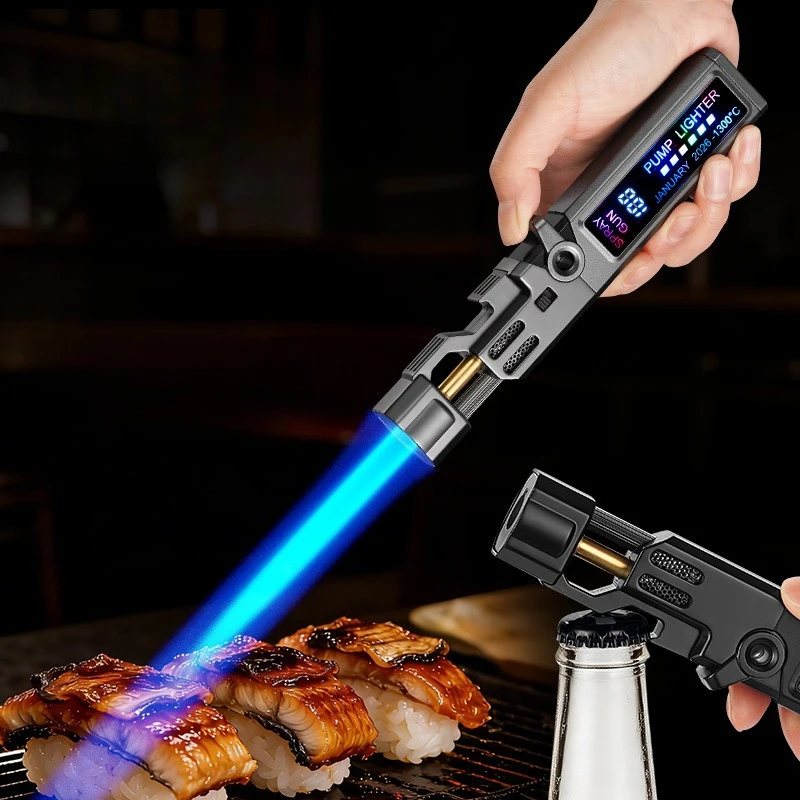 

Trendy LED Shaped Digital Display Windproof Torch Blue Torch Flame Burtane Lighter Outdoor Laser Portable Camping Igniter