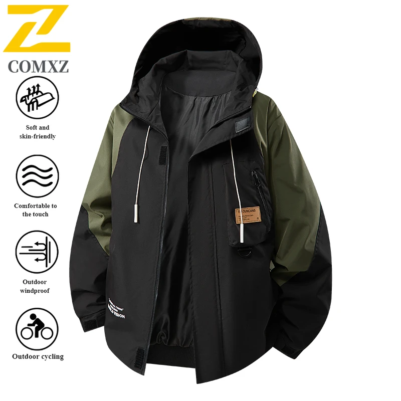 

COMXZ Men Outdoor Casual Hooded Jacket Spring American Style Waterproof Windbreaker Lightweight Streetwear Adjustable Cuffs Coat