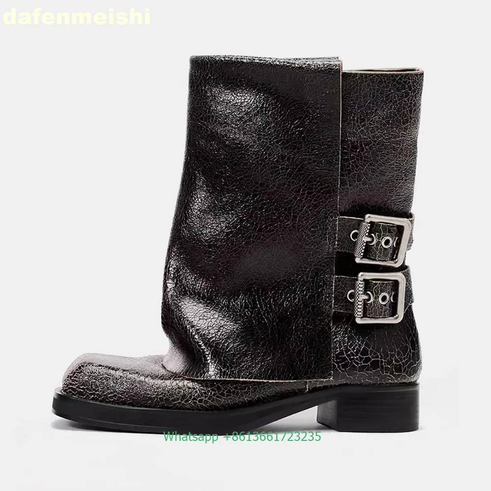 

Cracked Leather Square Toe Mid-Calf Boots 2025 Summer New Style Belt Buckle Platform Retro Fashion Motorcycle Boots Dark Color