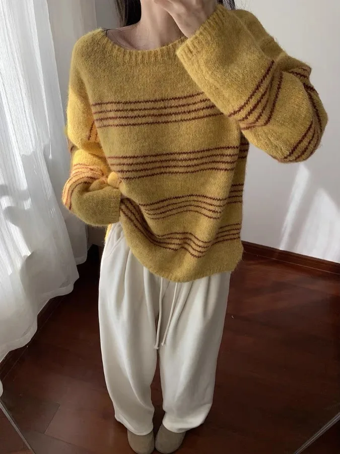 

Spring Autumn 2025 Soft Cozy Retro Striped Long Sve round Ne Knitted Sweater Japanese Sle Vintage Lazy Faion Commute...
