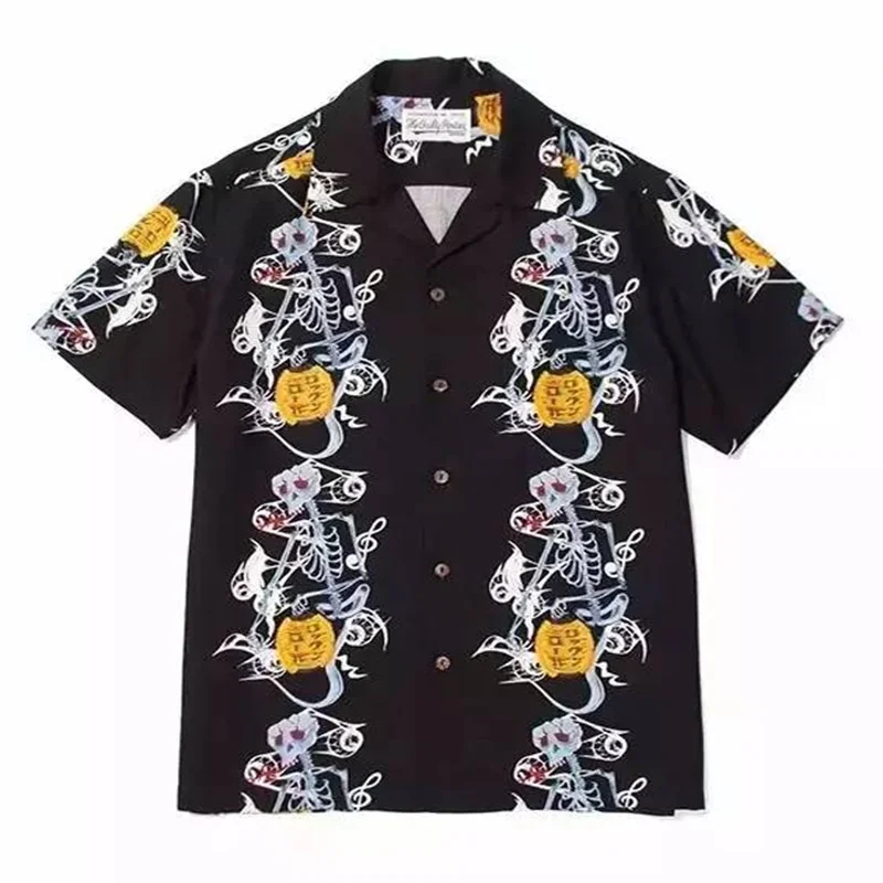 Trend Japanese Style WACKO MARIA Skeleton Lantern Drunken Loose Hip Hop Mens Womens Beach Vacation Hawaii Short Sleeve Shirt