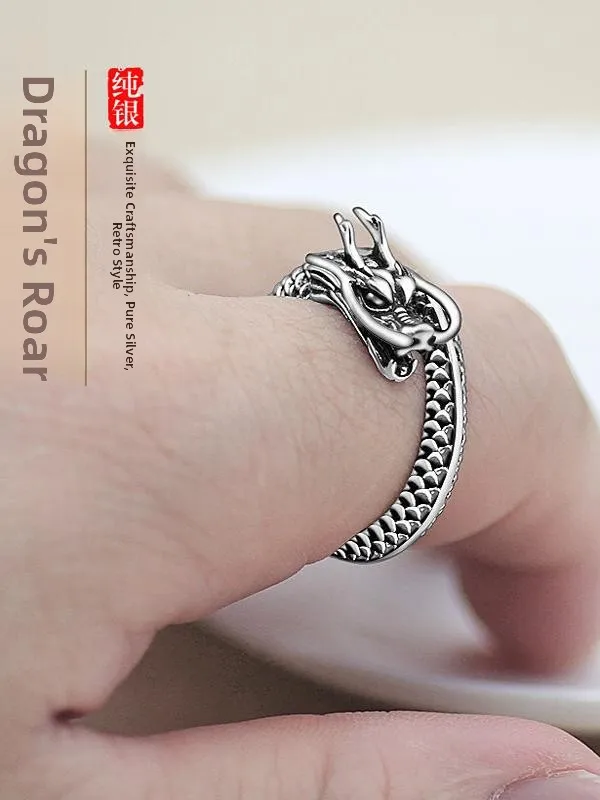 

Silver Dragon Ring Men Women Hand Carved 3D Dominant Style Rings Fashionable Jewelry Unbranded Ethnic Trend out