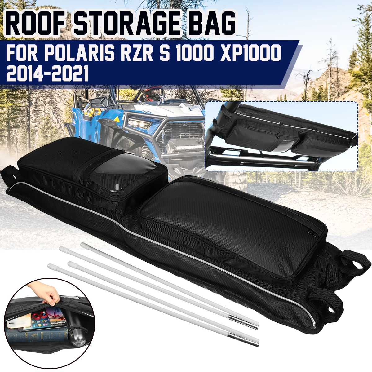 

Black UTV Overhead Storage Bag Top Roof Bag 1680D Black For Polaris RZR S 1000 XP1000 2014 2015 2016 2017 2018 2019 2020 2021