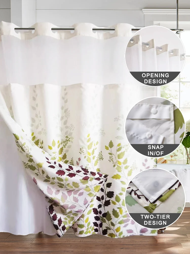 Waterproof Polyester Curtain with Yarn Cut Large Ring, Waterproof Fabric, Maple Leaf, Garden, Double Layer, Bathroom Water, 1Pc