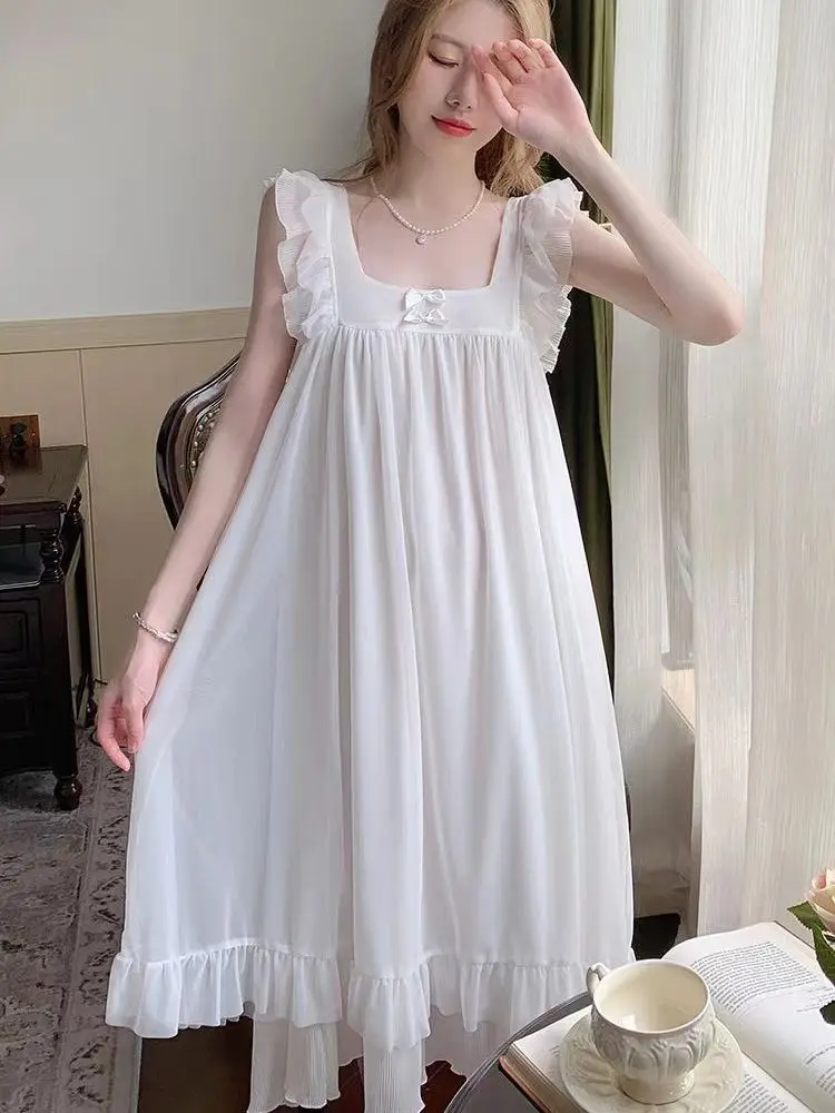 Summer Womens Princess Dress White Sleeveless Sleepshirts Vintage Lady Girls Nightgowns Nightdress Royal Style Pajamas Sleepwear