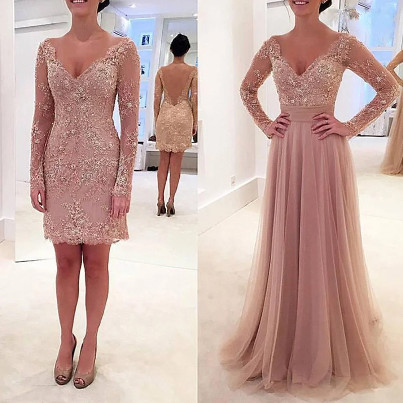 

2 in 1 Mother of Bride Dresses V-Neck Beading Formal Wedding Party Gowns Long Sleeves Removable Train Dusty Pink Evening Gowns