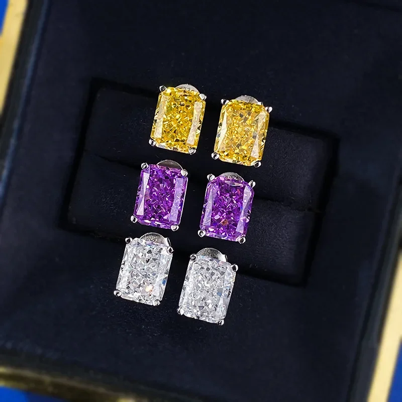 100% 925 Sterling Silver Crushed Ice Cut 7*9mm Citrine Amethyst Sona Diamond Stud Earrings Cocktail Party Wedding Jewelry Gift