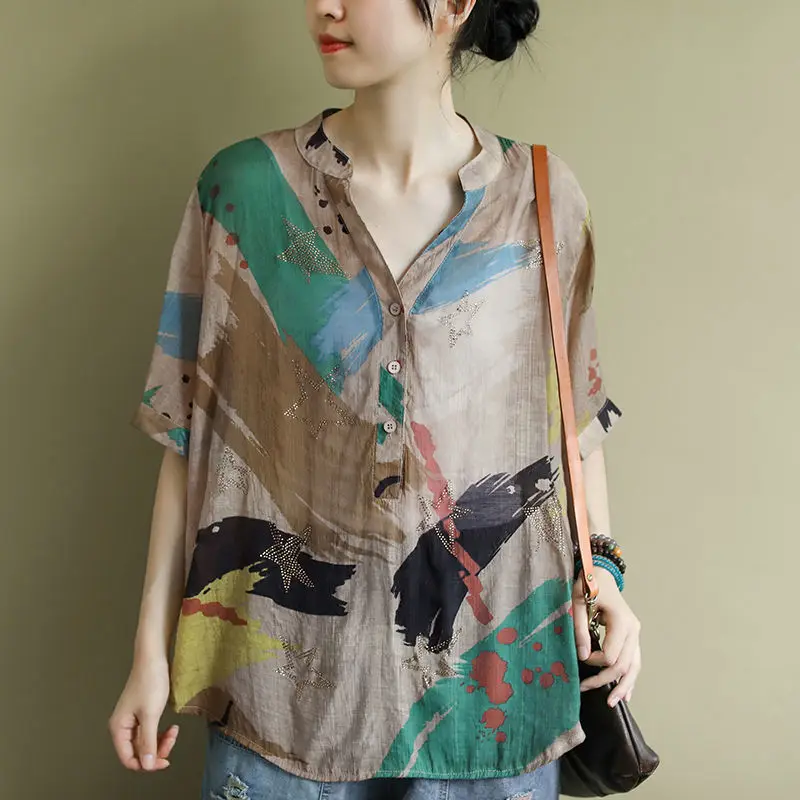

Retro Print Loose Casual Thin Linen irt Women Summer V-Ne Cover up Top Comfortable Breathable ort Sve Button Detail