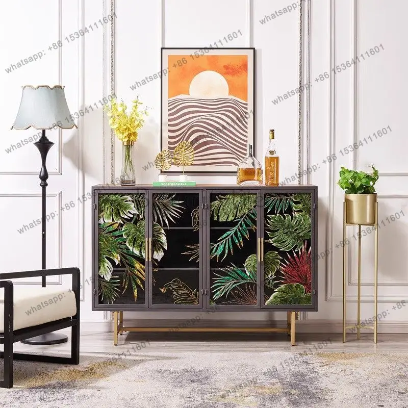 

High-grade enamel color entrance dining side cabinet classical wrought iron glass four-door storage shoe cabinet