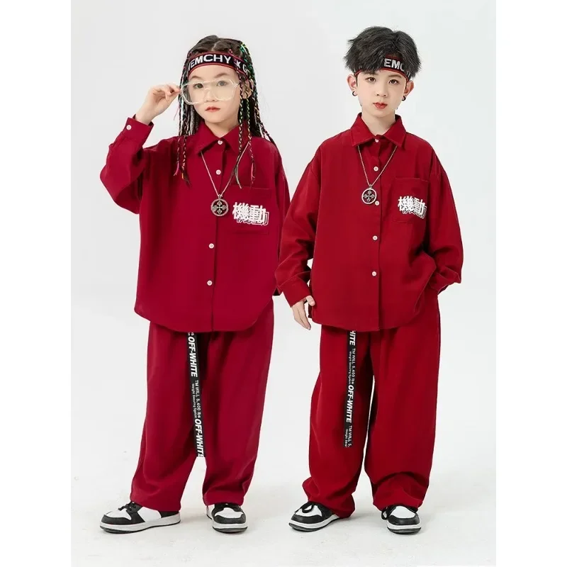 Kid Hip Hop Clothing Wine Red Shirt Jacket Casual Streetwear Cargo Jogger Pants for Girl Boy Jazz Dance Costume Clothes Set