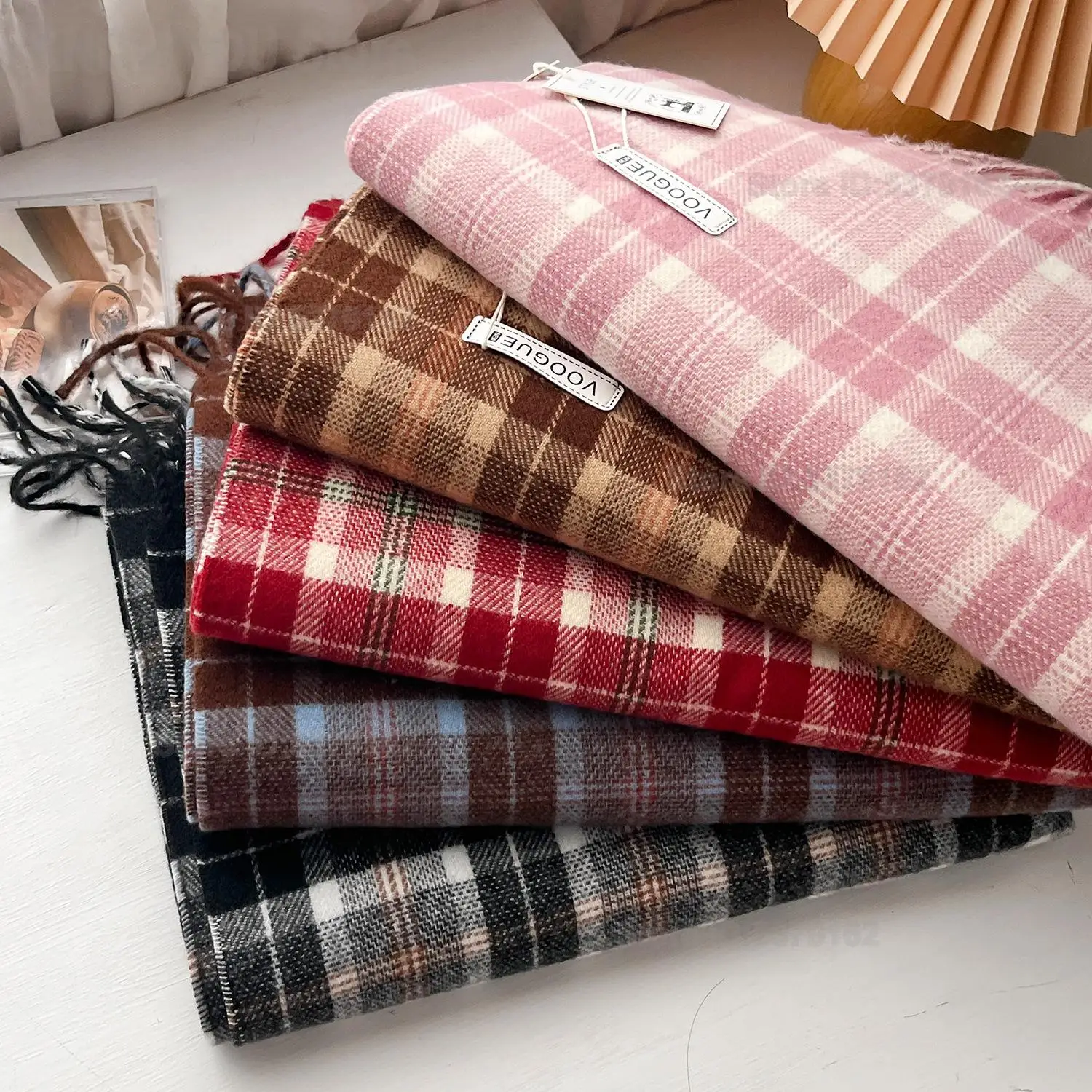 Women Vintage Grid Plaid Scarf Autumn Winter Korean Style Thickened Windproof Shawl Multi Color Casual Commute Neck Warmer