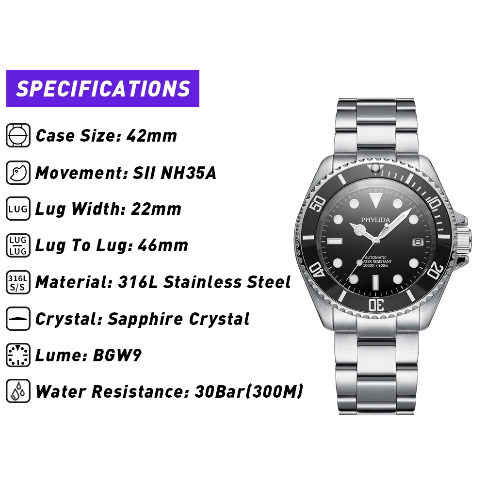 PHYLIDA 42mm orologio subacqueo da uomo movimento automatico nh35 cristallo zaffiro Sub Style Skx007 compatibile