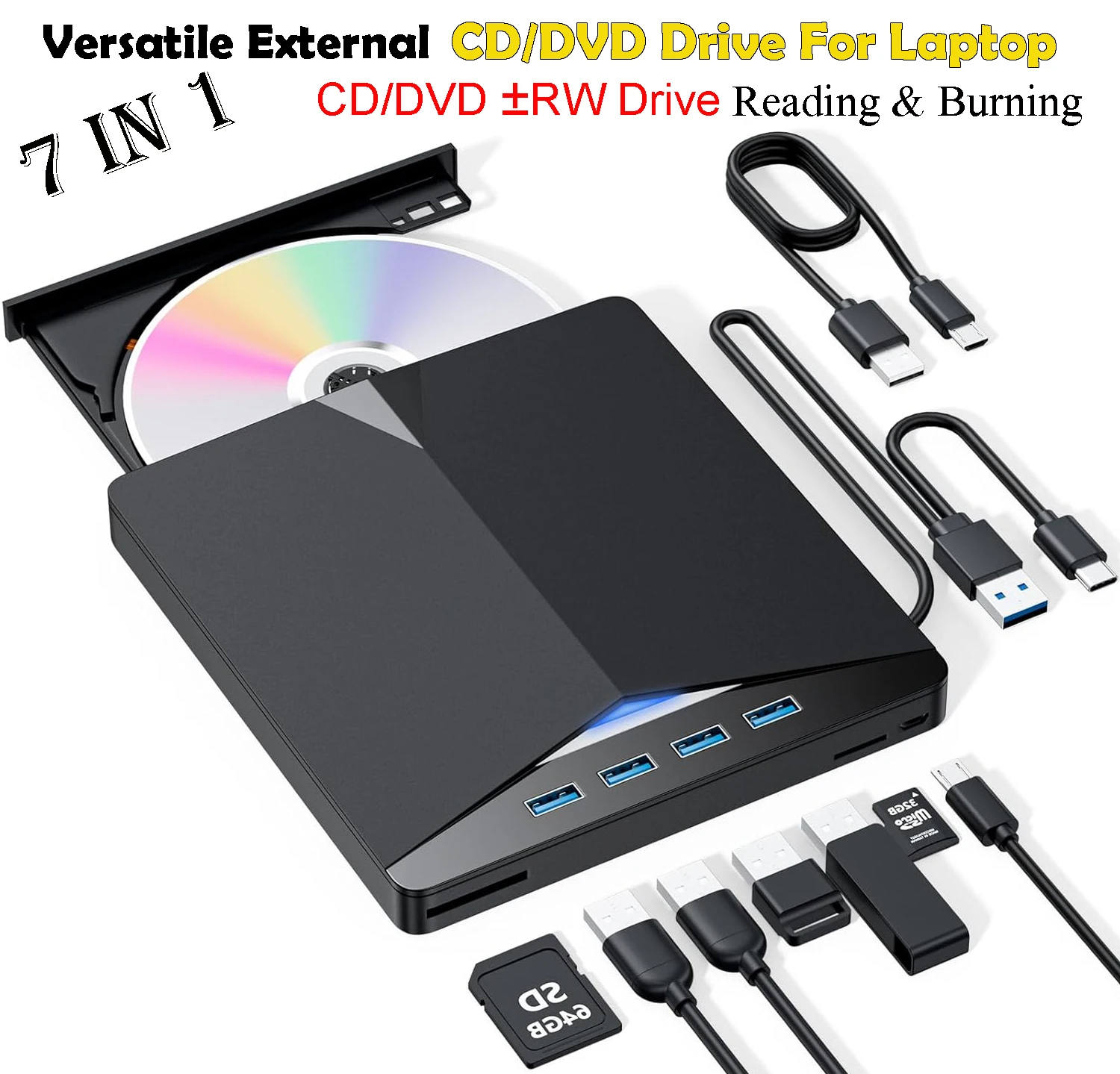 USB 3.0 Type-C 7-in-1 External DVD RW CD Drive Burner Reader for PC/Laptop/iMac (Windows/macOS/Linux)