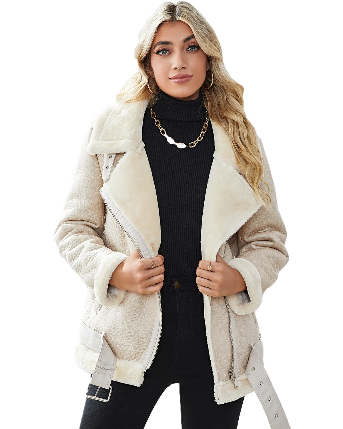 Fitaylor Autumn Winter Women Faux Suede Lamb Jacket Casual Lapel Thick Warm Motorcycle Leather Outwear