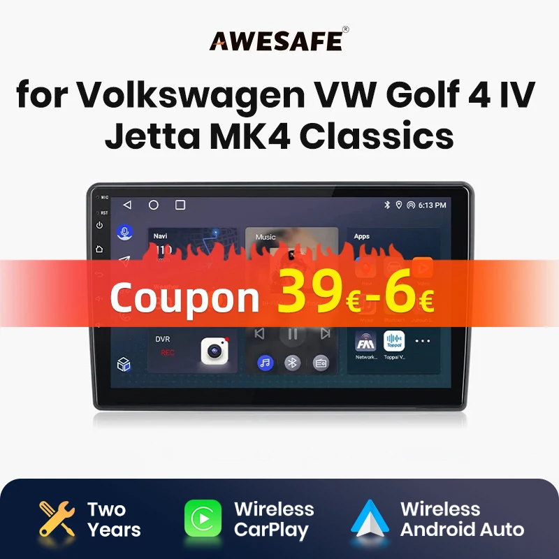 AWESAFE Wireless CarPlay Android Auto Radio for VW Golf 4 Jetta MK4 Classics GPS 2din autoradio