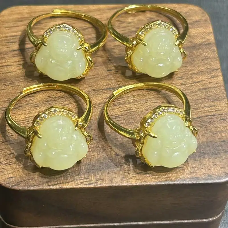 Hotan Buddha , Silver Inlaid White , Jade Ring