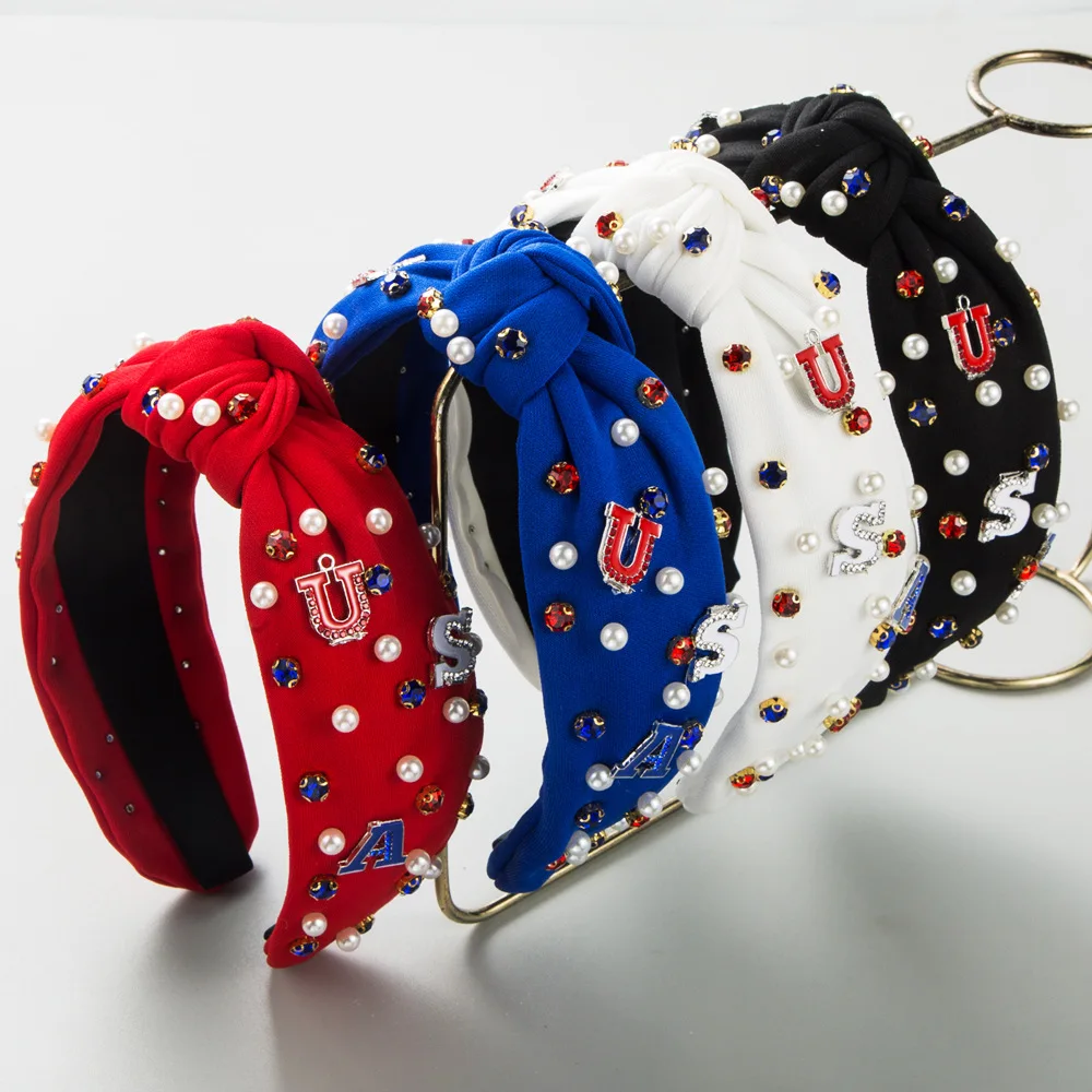 

4th of July Headbands for Women Rhinestone Headband Patriotic Crystal Star Beaded Headbands American Flag Knotted Headband