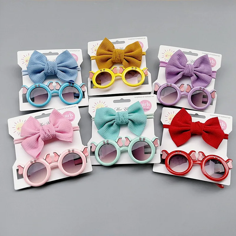 2Pcs/set Cartoon Elephent Kids Summer Bows Headband Sunglasses Children Sun Glasses Protection Glasses Baby Hair Accessories