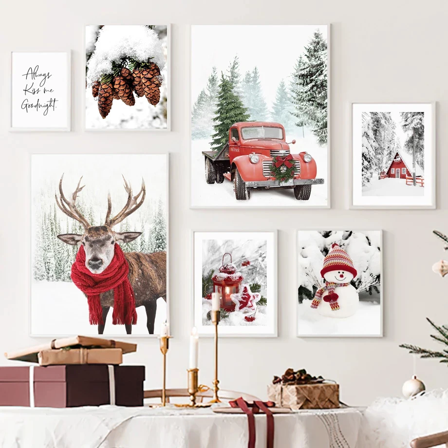 Winter Snow Scenery Picture Wall Art Canvas Painting Pine Santa Elk Poster and Print for Christmas Home Decor Living Room Design