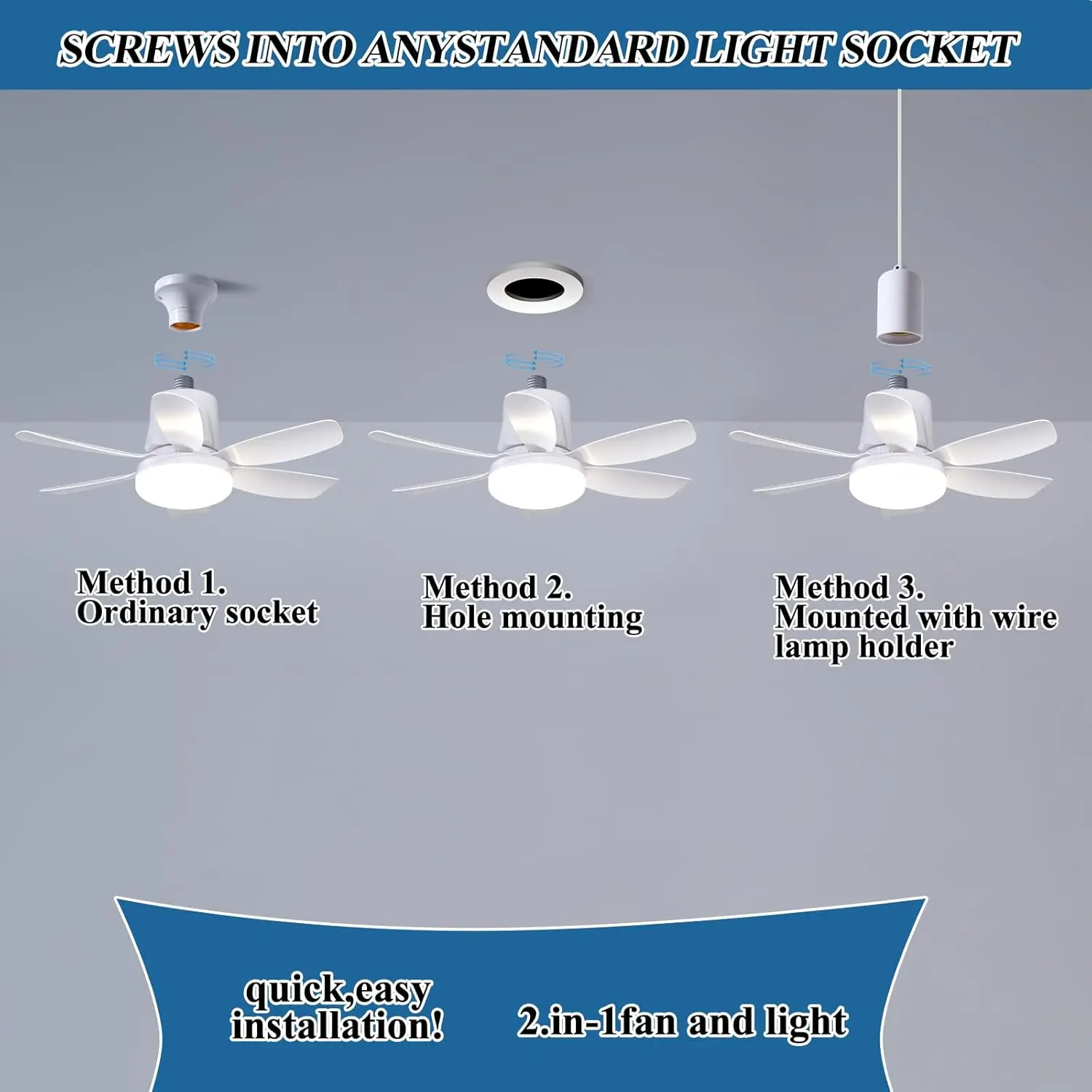 Baysquirrel Socket Fan Light Wentylatory sufitowe ze światłami i pilotem, ściemnialna żarówka LED, 3 kolory 3000K-6500K, śruba mała