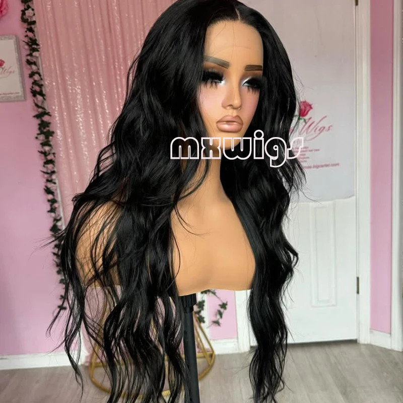 MXWIG Synthetic Hair Black Color Body Wave Glueless 13X4 Lace Front Wig For Black Women Preplucked 26 