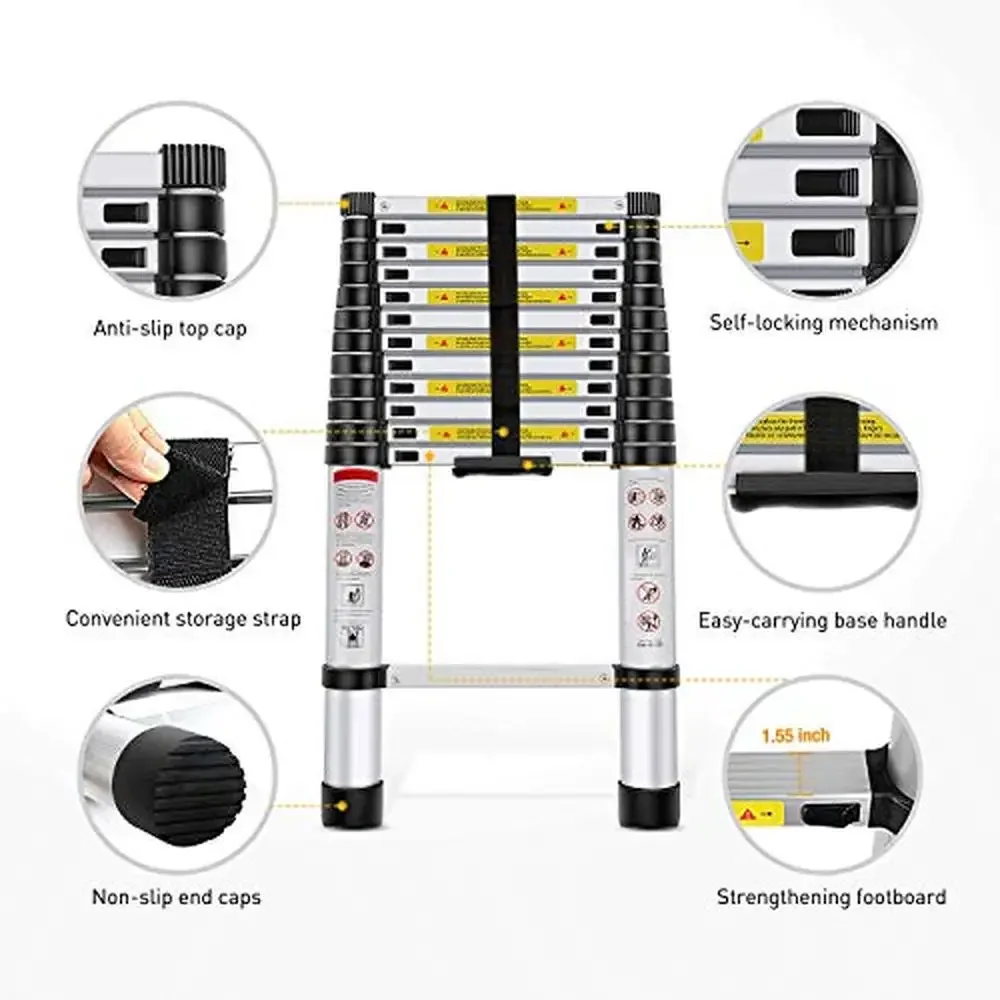 Telescopic Ladder 12.5ft Aluminum Multi Purpose Extendable Spring Lock EN131