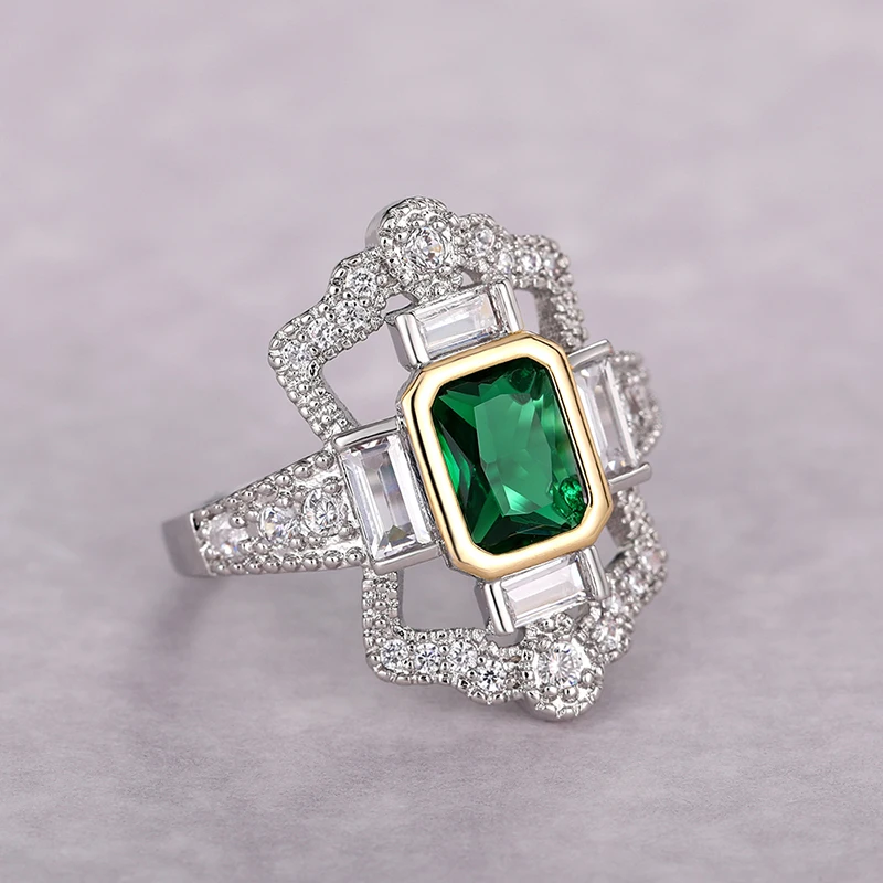 Huitan Vintage Two Tone Green CZ Finger Rings for Women Geometric Shape Hyperbole Rings Anniversary Party Retro Jewelry Dropship