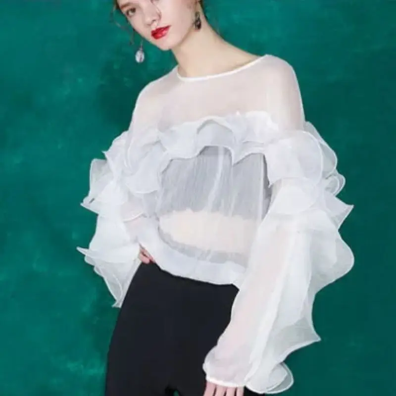 

Spring Summer New Blouse High-end See-through Cropped Ruffled Chiffon Shirt Fairy O-neck Lightweight Loose Top Long Sleeves