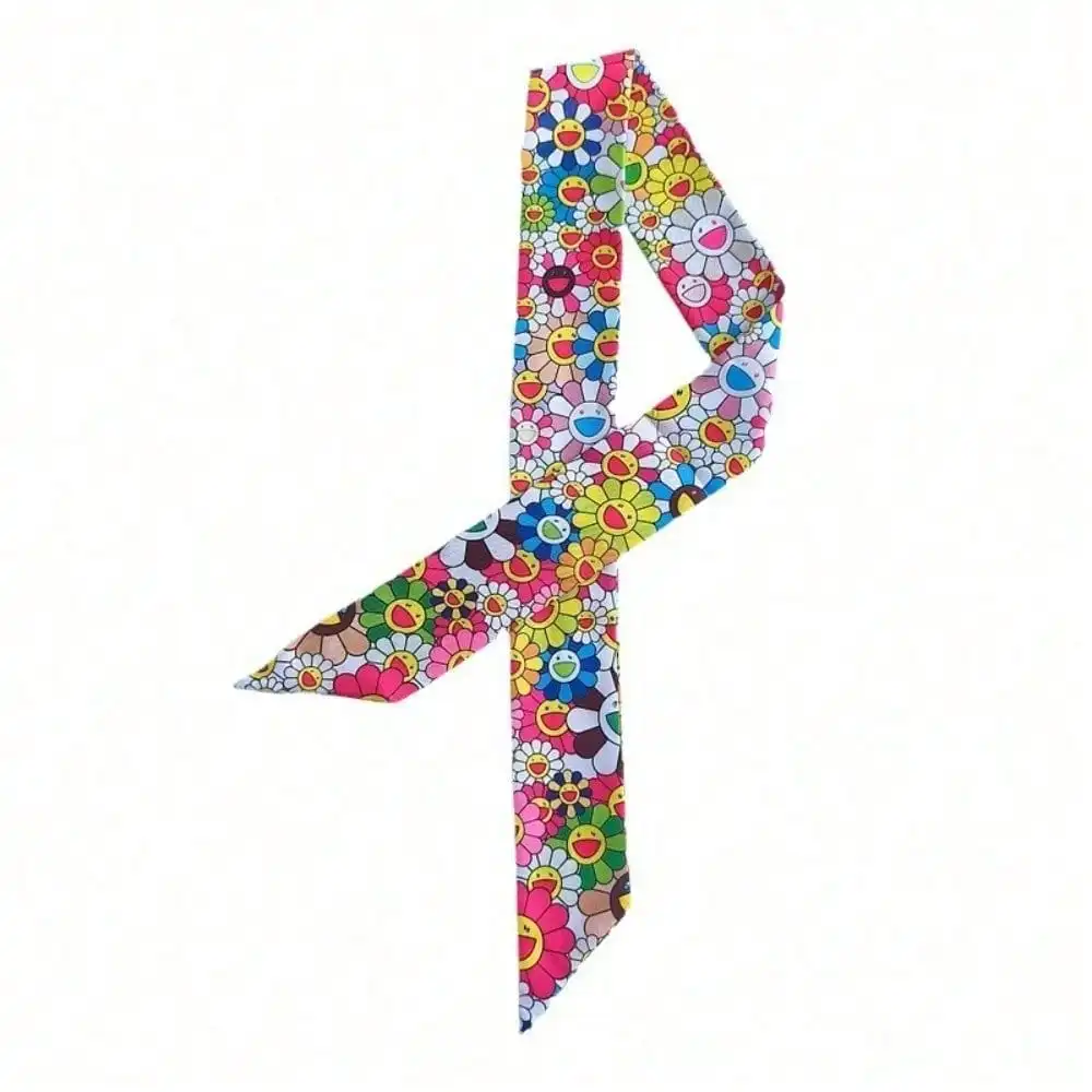 

1pc Multiway Designer Ribbon, Takashi Murakami Sunflower Print Scarf For -Style Bag Charm Hair Bow Belt, Long Skinny Silk Scarf