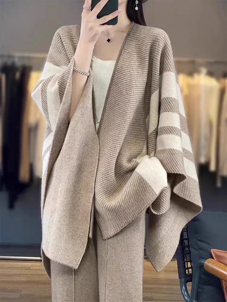 

Модное элегантное комфортное пальто-накидка из пряжи, вязаный кардиган в полоску, пончо, женская осенне-зимняя шаль, длинное толстое одеяло