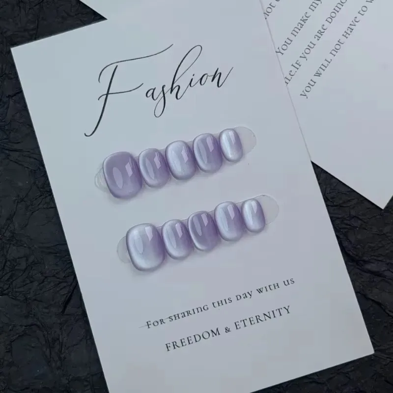 Faux ongles artificiels réalistes faits à la main, avec boîte et outils, œil de chat violet, courts, amovibles, à pression, en acrylique
