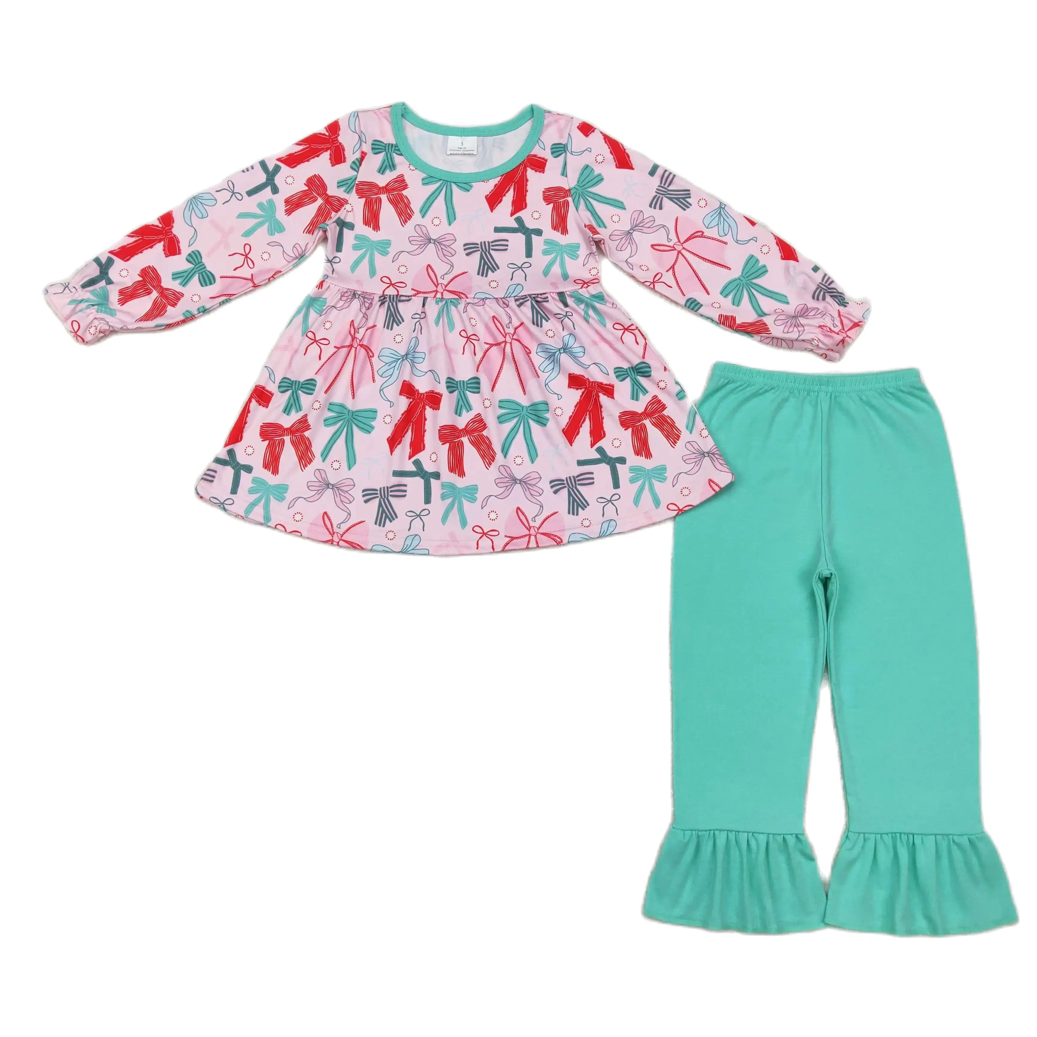 

Детский комплект для маленьких девочек, рубашка с длинными рукавами и бантами, детские синие хлопковые штаны с цветочным принтом, одежда, рождественский наряд, оптовая продажа