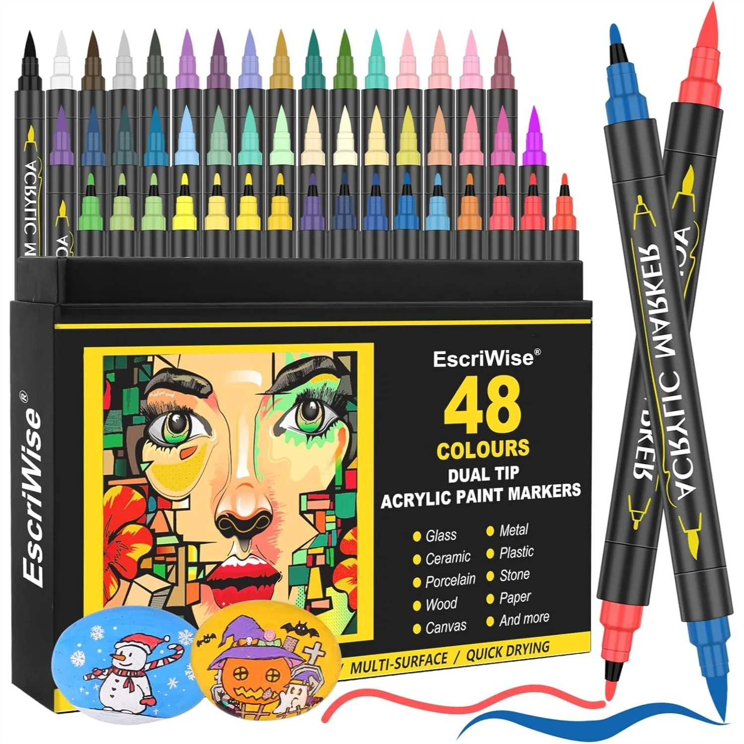 

48 Colors Dual Tip Acrylic Paint Pens Set, Permanent Markers with Brush and Fine Tip for Rock, Canvas, Wood, Fabric, Glass, DIY